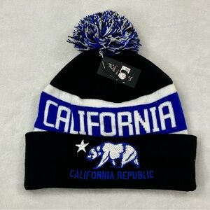 California Republic Bear Black Blue Pom Pom Cuffed Winter Acrylic Beanie Hat Cap